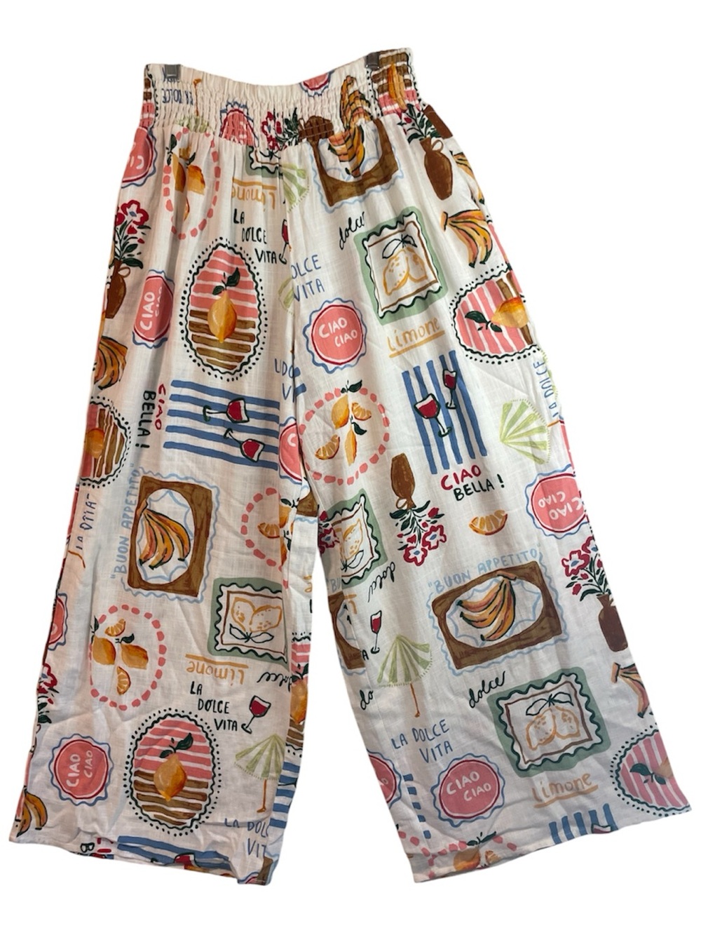 Wide Leg Cream Printed Palazzo Pants with Italian-Inspired Motif